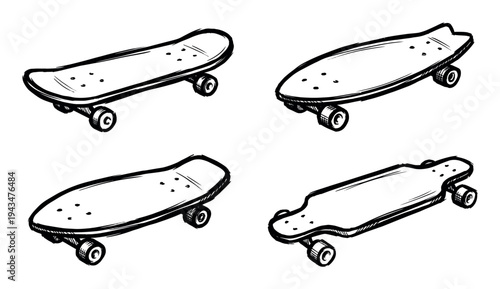 Four hand-drawn black and white skateboards in a sketch style collection showing different shapes and sizes including a longboard and cruiser for urban street culture concepts