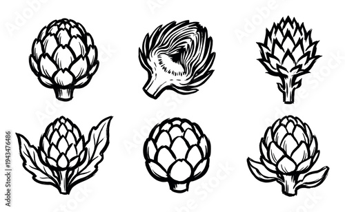 Set of six black ink artichoke illustrations in a bold, graphic, hand-drawn style, featuring whole, halved, and leafy vegetable variations for a rustic and organic culinary concept