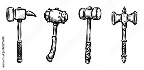 Set of four hand-drawn medieval weapons, including warhammers and a battle axe, illustrated in a rough black ink sketch style for a fantasy or role-playing game concept