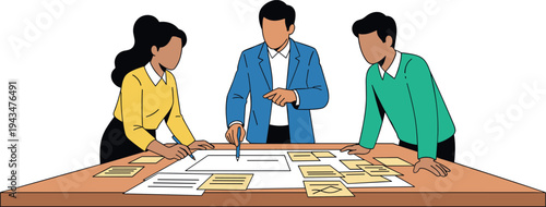 Three business professionals collaborating on a strategy plan on transparent background