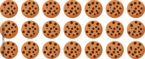 Chocolate chip cookie pattern set with multiple round biscuit icons, sweet bakery dessert snack vector illustration collection for food background design
