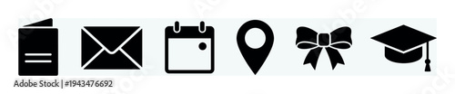 Set of black graduation event icons including an invitation, envelope, calendar, location pin, bow, and mortarboard cap for planning a commencement ceremony or party