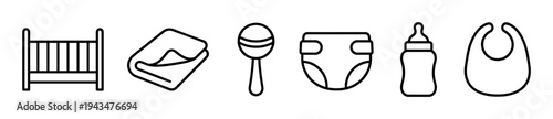 Set of black line art baby icons including a crib, blanket, rattle, diaper, bottle, and bib, presented in a clean, minimalist style for newborn and childcare concepts