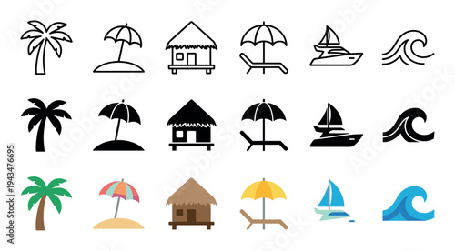 Set of summer travel vector icons featuring a palm tree, umbrella, hut, boat, and wave presented in outline, glyph, and colorful flat design graphic styles