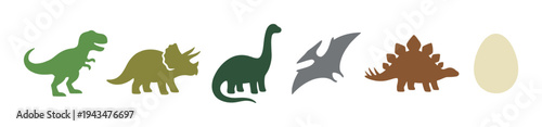 Set of colorful dinosaur silhouettes featuring a T-Rex, Triceratops, Brachiosaurus, Pterodactyl, and Stegosaurus with an egg, presented as a simple flat graphic icon collection
