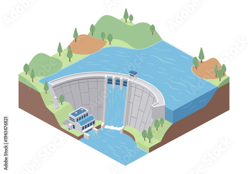 Isometric illustration of a hydroelectric dam generating clean energy from flowing water