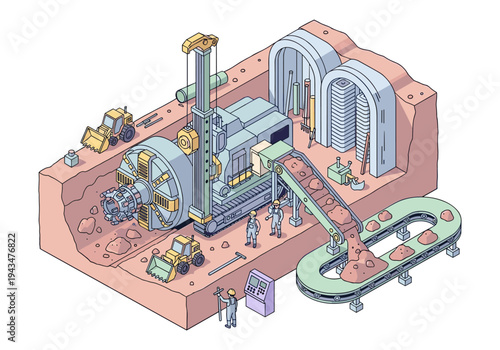 Tunnel boring machine excavates earth, moving soil via conveyor belt with workers and machinery