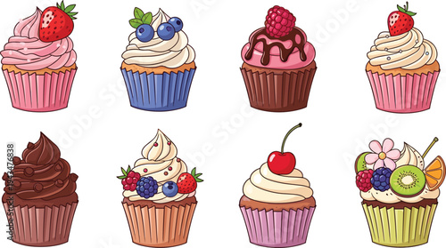 Colorful cupcake dessert icon set with strawberry, blueberry, raspberry, chocolate and fruit topped muffins, sweet bakery pastry vector illustration collection