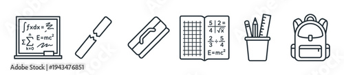 Set of six school and education icons with a blackboard, broken chalk, duster, notebook, pencil holder, and backpack, designed in a simple and clean minimalist line art style