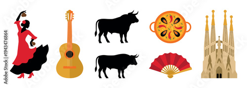 Collection of Spanish cultural icons including a flamenco dancer, acoustic guitar, bull, paella, fan, and cathedral, presented in a flat graphic illustration style for travel concepts