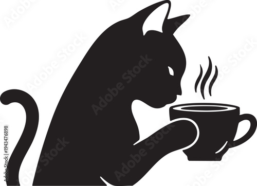Black Cat Drinking Coffee Silhouette: Cute Pet and Morning Caffeine Concept