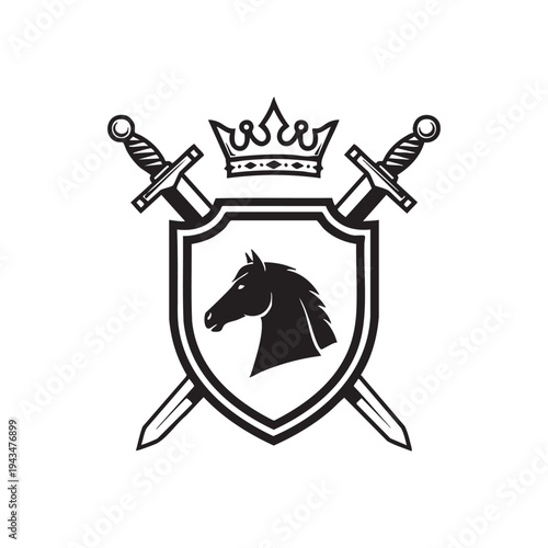 Vintage emblem features a shield with a horse head, crown, and crossed swords.