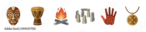 Collection of ancient tribal vector icons including a mask, djembe drum, campfire, stone monument, patterned hand, and symbolic pendant representing prehistoric culture
