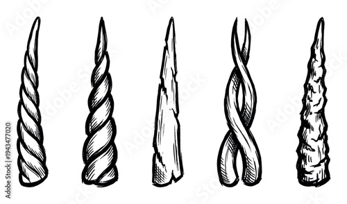 Set of five hand-drawn fantasy horns in a black ink sketch style, showcasing a variety of shapes including spiral, jagged, twisted, and gnarled designs for mythical creatures