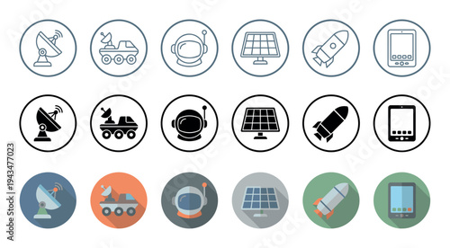 Set of space exploration technology icons featuring a rover, astronaut, rocket, and solar panel presented in three distinct styles: line art, solid silhouette, and colorful flat design