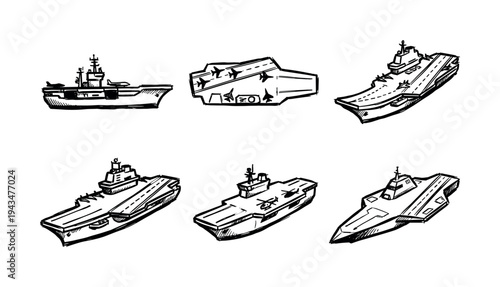 Set of six military aircraft carriers hand-drawn in a black ink sketch style, illustrating different naval warship designs with jets and helicopters on deck