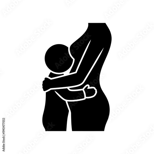 a black silhouette of a child hugging a pregnant woman's belly.