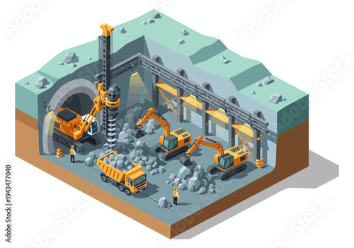 Construction site with heavy machinery drilling and excavating for tunnel construction