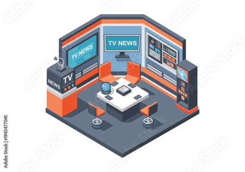 Modern isometric television news studio with screens and seating