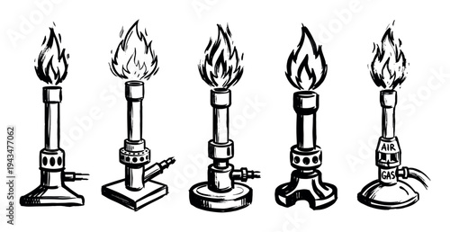 Set of five hand-drawn Bunsen burners in a black ink sketch style, a collection of laboratory equipment with burning flames for science, chemistry, and education concepts