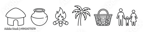 Set of six simple black line art icons depicting a primitive hut, clay pot, campfire, palm tree, woven basket, and a family pictogram in a minimalist graphic style