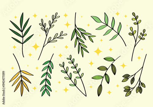 Set of hand drawn branches and leaves of bushes and trees in a cartoon style. Aesthetic plant icons. Ideal for decorating and framing flyers, greeting cards, posters, invitations, social media, ect.