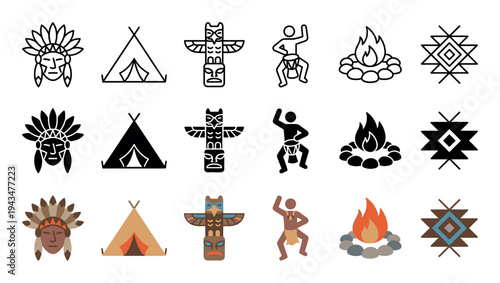 Collection of indigenous cultural icons in line, glyph, and flat color styles, featuring a headdress, tipi, totem pole, drummer, campfire, and ethnic geometric ornament