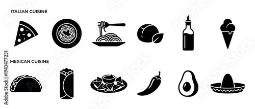 Set of black silhouette food icons representing popular Italian and Mexican cuisine dishes like pizza, pasta, tacos, and burritos, presented in a clean and simple graphic style