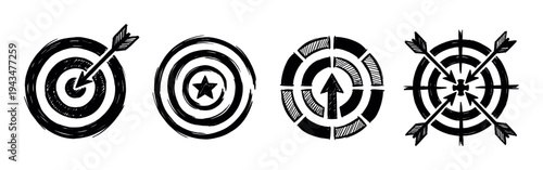 Set of four hand-drawn target icons in a sketchy doodle style representing goals, success, and achievement with arrows and a star symbol for business strategy concepts