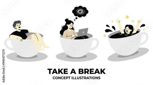 Take a break concept illustrations people relaxing in coffee cups