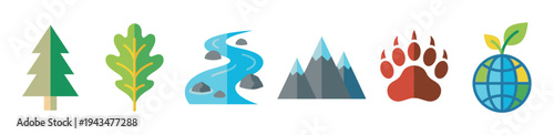 Set of six colorful flat design icons showing a tree, leaf, river, mountain, animal paw, and planet with a sprout, symbolizing ecology, conservation, and the outdoors