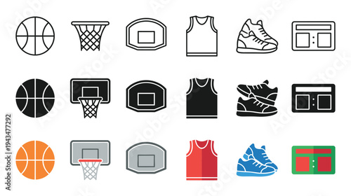 Basketball equipment and apparel icon set in three different design styles including line art, solid glyph, and colorful flat vector illustrations for sports and competition concepts