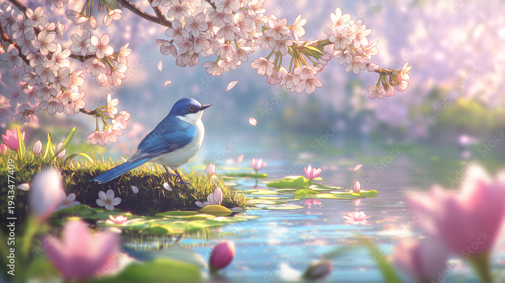 Obraz premium 満開の花と睡蓮が彩る水辺に小鳥が佇む春の幻想風景イラスト、川、花びら、水面、植物、自然、癒やし、背景、縦長、季節感、静かな雰囲気、透明感、和風情景