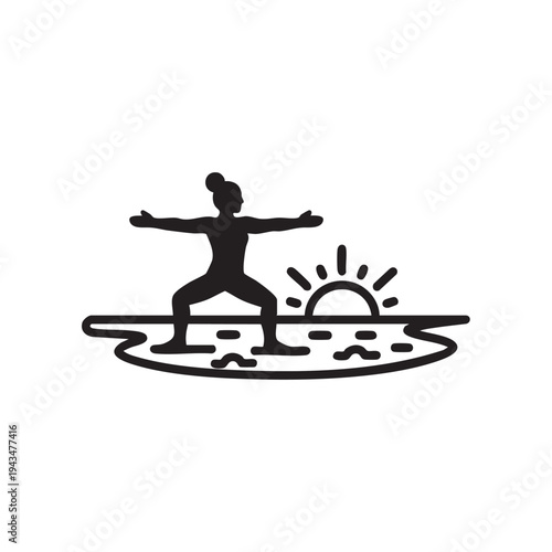 Woman Doing Yoga Pose Near Ocean Sunrise Silhouette Icon