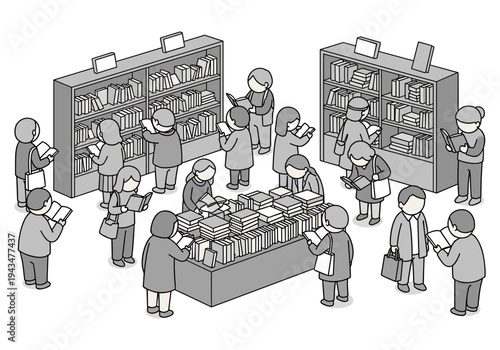 Diverse group of people browsing and reading books in a busy bookstore