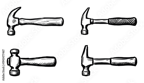 Set of four hand-drawn hammers in a black and white sketch style, showcasing different types of carpentry and construction tools with varied handles in a simple illustration