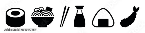 Set of black minimalist Japanese food icons featuring sushi, ramen, chopsticks, soy sauce, onigiri, and tempura shrimp in a simple graphic silhouette style for Asian cuisine
