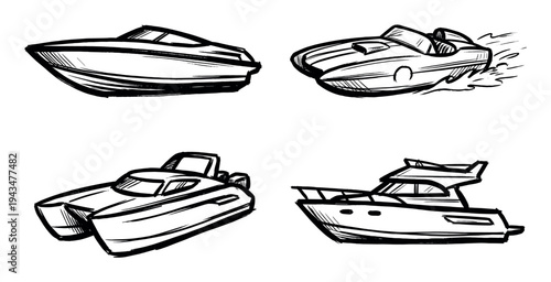 Collection of four hand-drawn boat illustrations featuring a speedboat, catamaran, yacht, and personal watercraft in a rough, black ink sketch style for marine themes