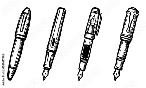 Four hand-drawn black ink fountain pens in a classic sketch style, showing a collection of writing instruments with detailed nibs and clips for calligraphy or journaling