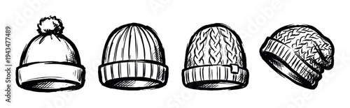 Set of four hand-drawn winter hats with different knit patterns, including a pom-pom beanie and ribbed caps, in a black and white ink sketch illustration