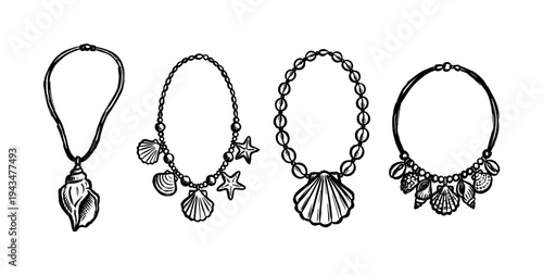 Four hand drawn seashell necklaces with pendants and starfish charms in a black and white sketch illustration style, a beautiful set of summer beach jewelry accessories