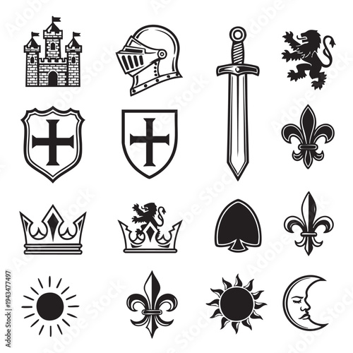 Medieval icons depict a castle, helmet, sword, and lion in a minimalist style.