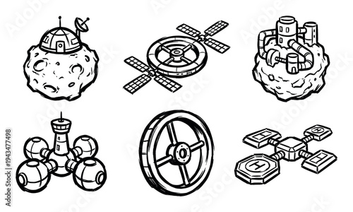 Futuristic hand-drawn space station and asteroid base icons in a black and white sketchy line art style, featuring a set of six different sci-fi orbital structure designs
