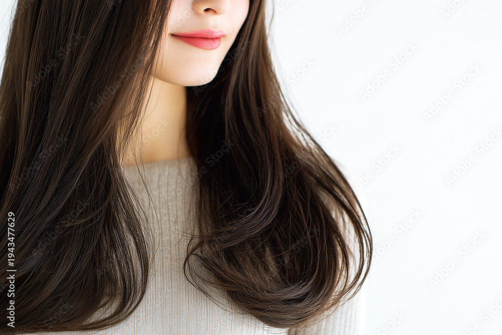 Naklejka premium Close up of a young woman with long, shiny, healthy dark brown hair. Professional haircare concept for shampoo, salon treatments and styling products with a focus on hair texture