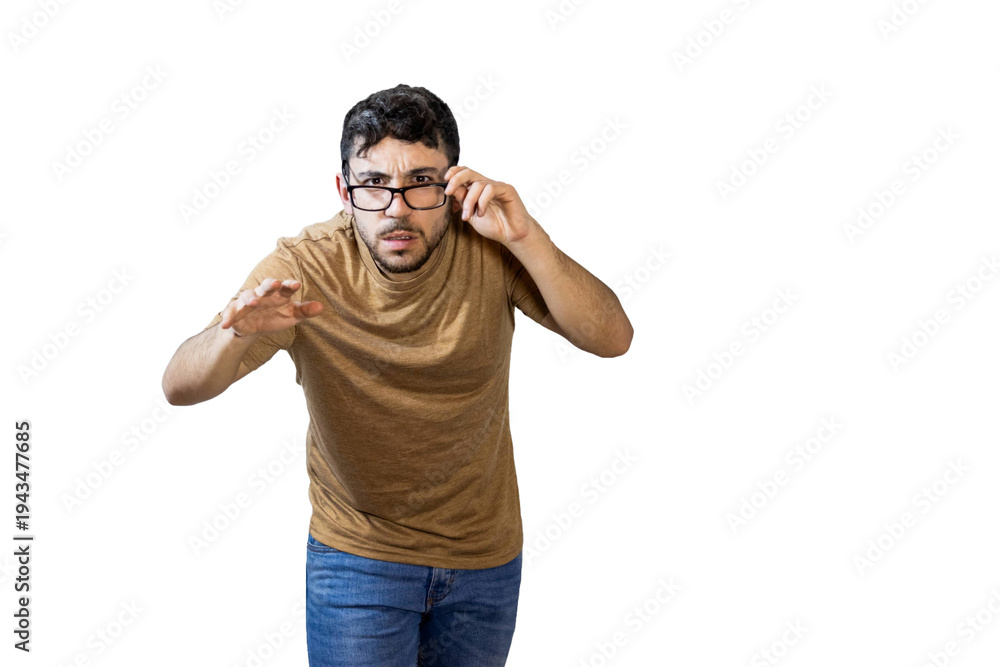 Fototapeta premium Man fixing glasses trying to see something moving forward carefully. PNG