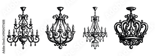 Set of four hand-drawn chandeliers in a vintage sketch style, featuring ornate scrolls, elegant candles, and classic decorative elements for a luxurious interior concept
