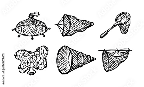 Hand-drawn collection of six fishing nets in a black and white sketch style, showing various types of equipment like traps, landing nets, and commercial cast nets