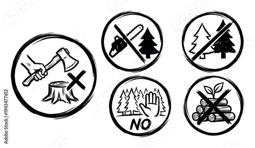 Set of black hand-drawn prohibition icons showing deforestation activities like chopping with an axe and using a chainsaw to promote environmental conservation and stop logging