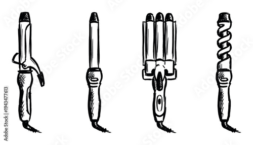 Set of four different hair curling irons and wands in a hand-drawn black and white sketch style, showing various styling tools for creating waves and curls for a salon