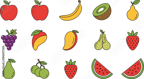 Colorful fresh fruit icon set featuring apple, banana, kiwi, pear, grapes, mango, strawberry, watermelon and tropical healthy food vector illustration collection